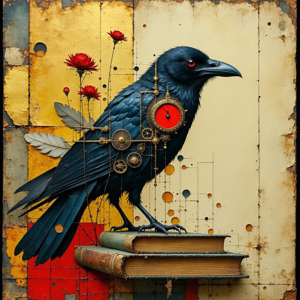 Clockwork Raven on Antique Books: Surreal Art