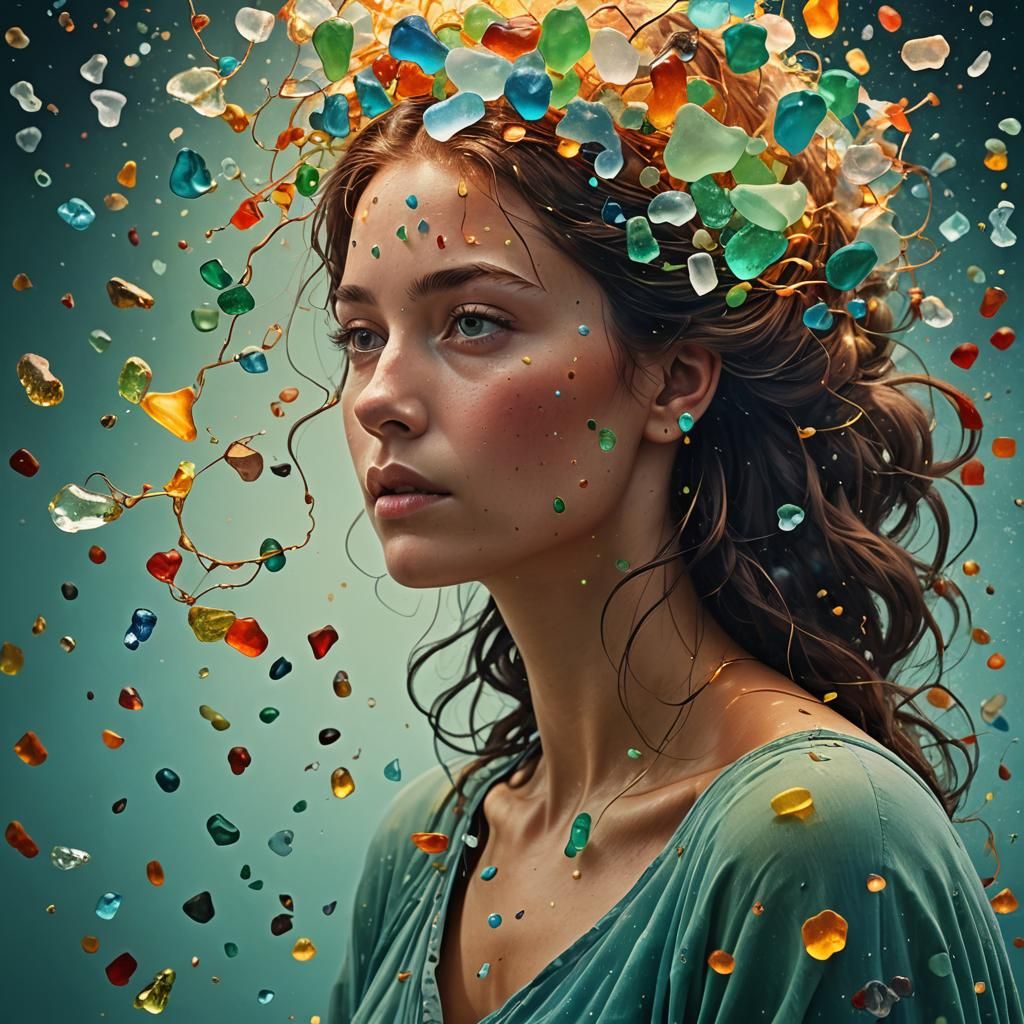 Woman with Sea Glass in Hyperrealistic Splash Art Style