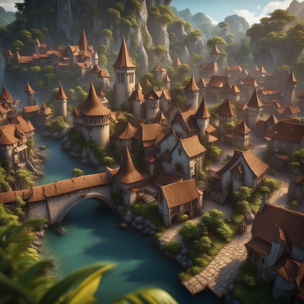 Tropical Island Medieval Town in Fantasy Art