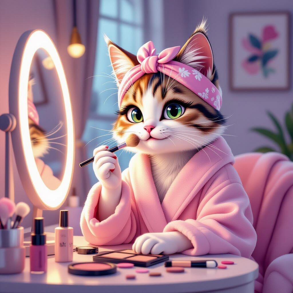 Glam Cat Applies Makeup in Modern Room