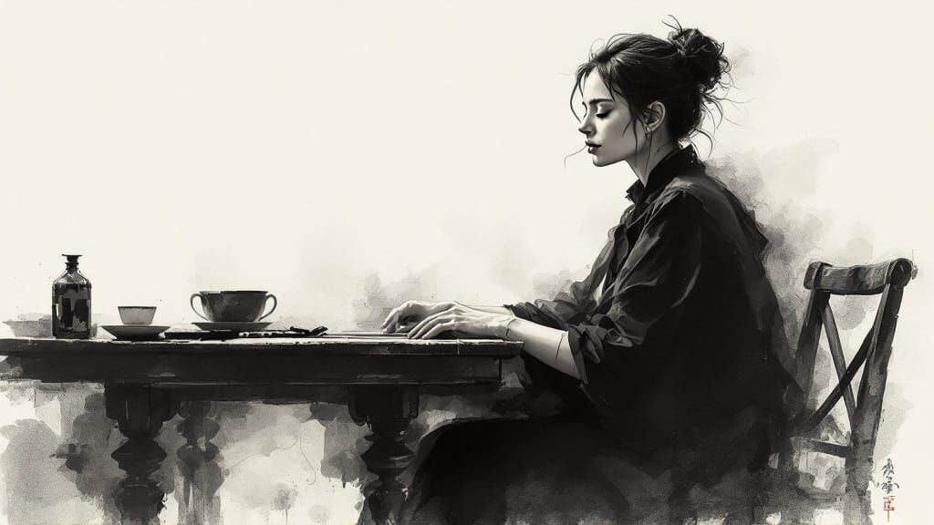 Japanese Ink Brush Art of a Seated Woman in Parisian Café