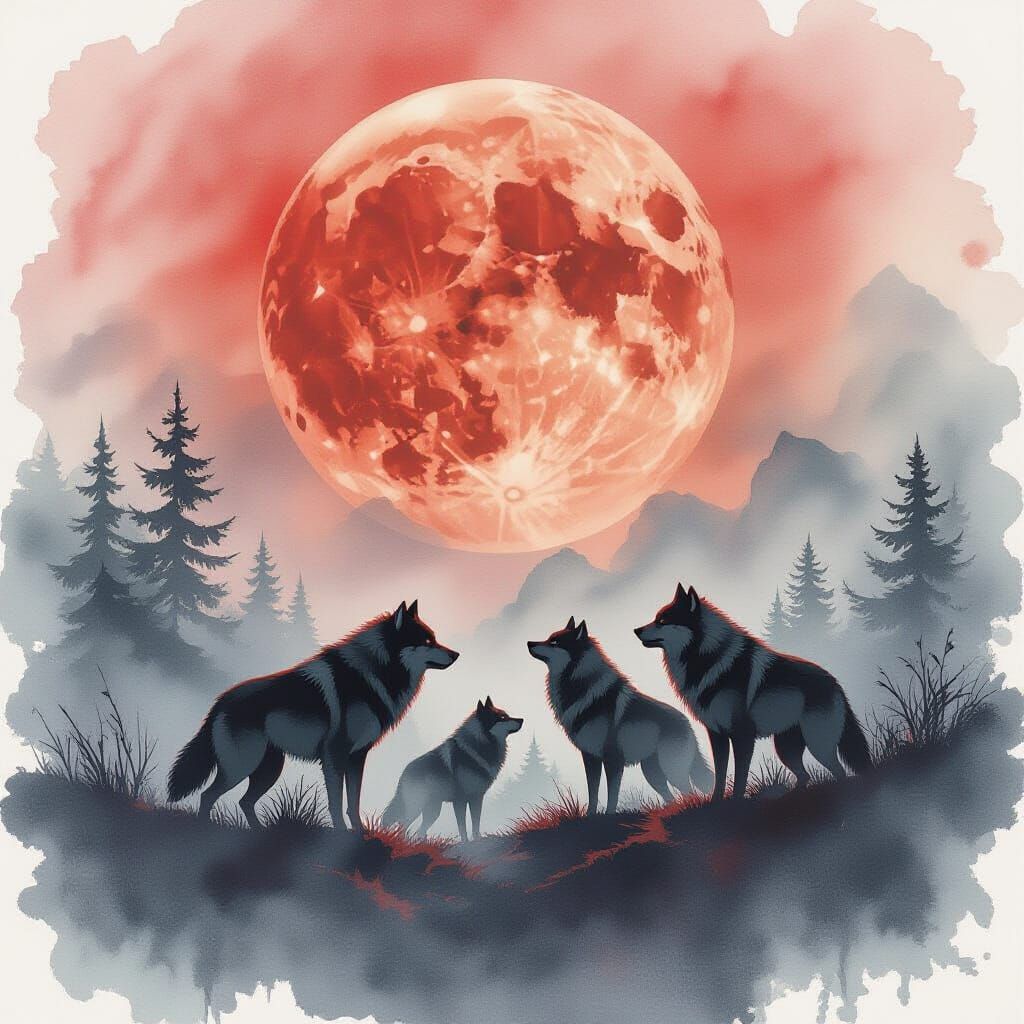 Blood Moon Over Rabid Wolves in Ethereal Watercolour