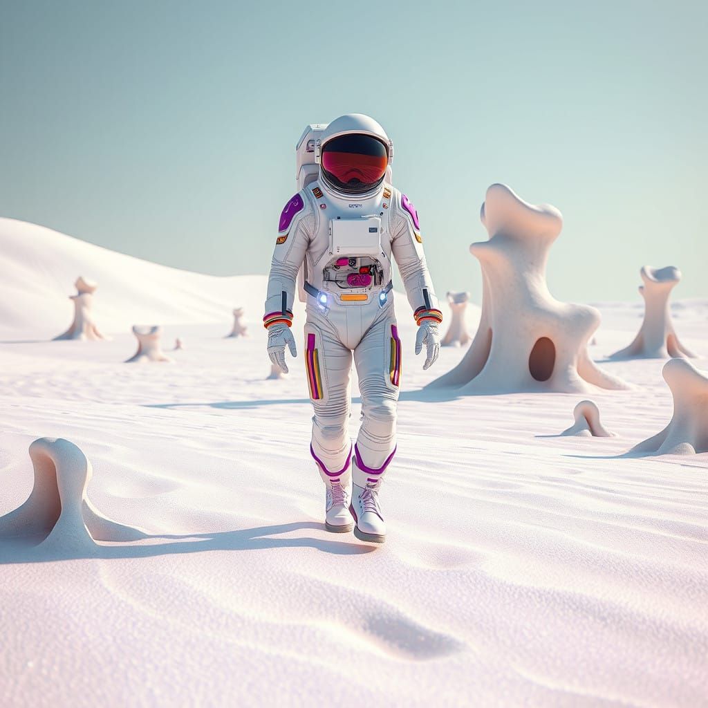 Astronaut Exploring Iridescent Wonders on a Distant Planet