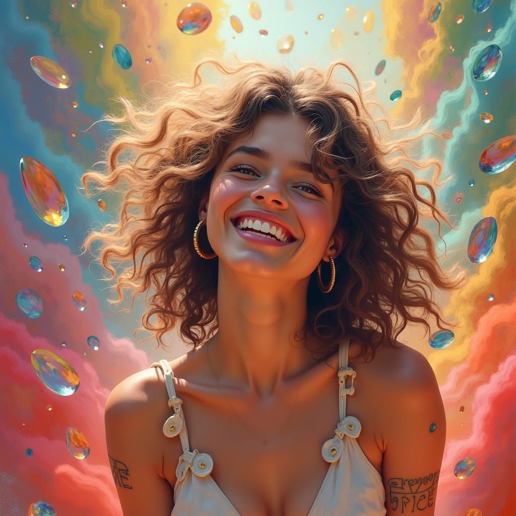 Joyful Woman in Surrealist Dreamscape