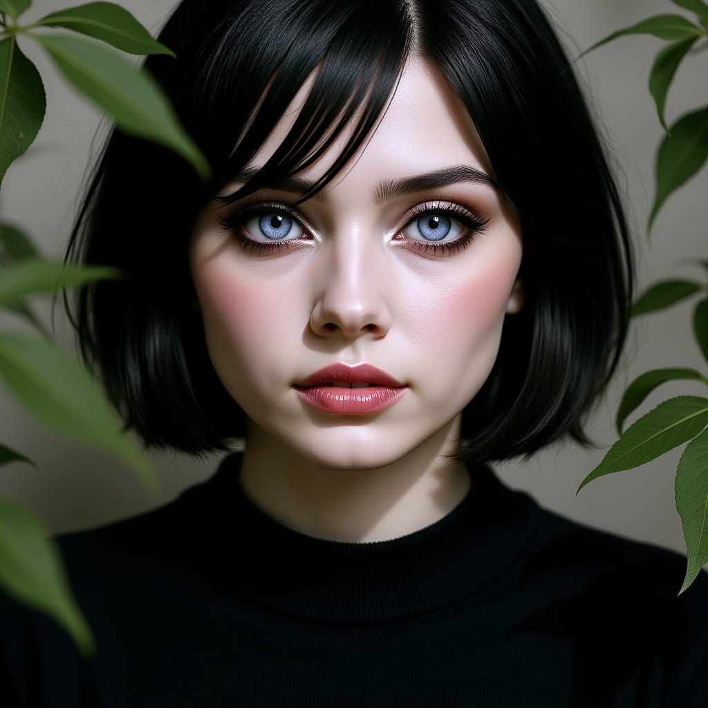 Hyperrealistic Portrait of a Woman with Emo Hairstyle