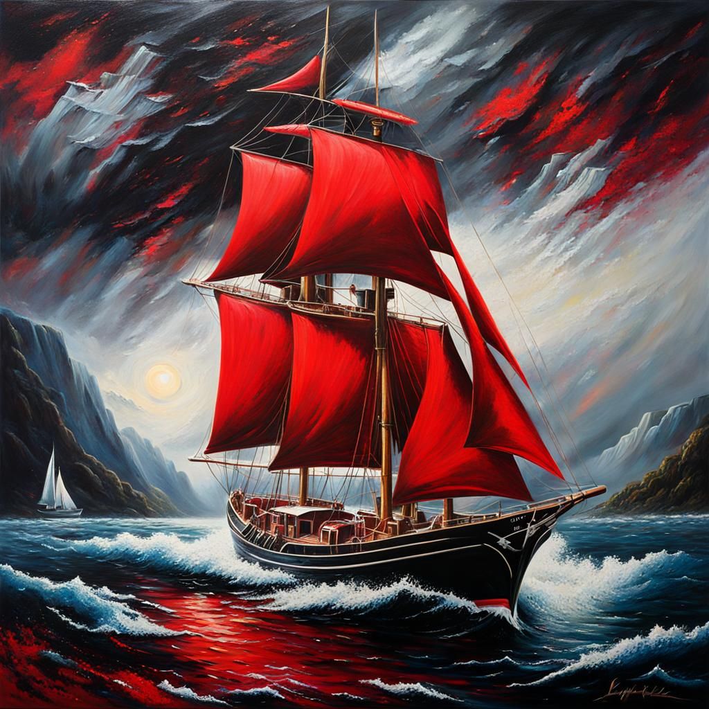 Sailing Adventure with Red Sails in Oil Painting Style