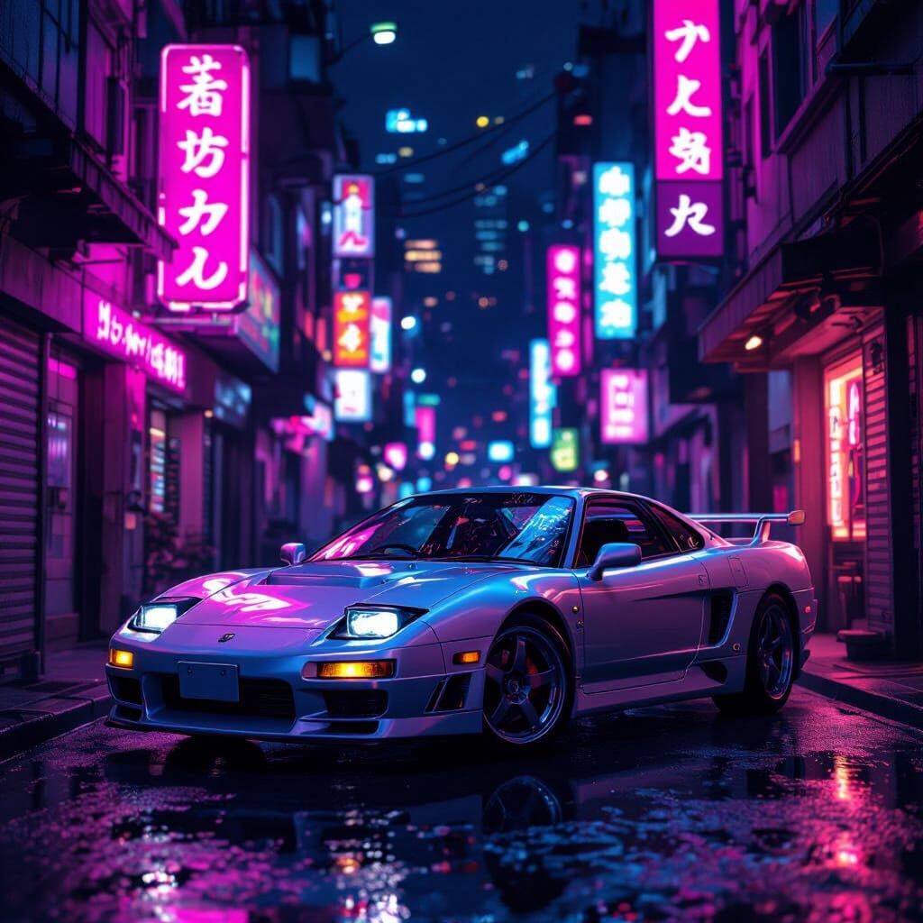 Cyberpunk Car Parked Under Neon Lights