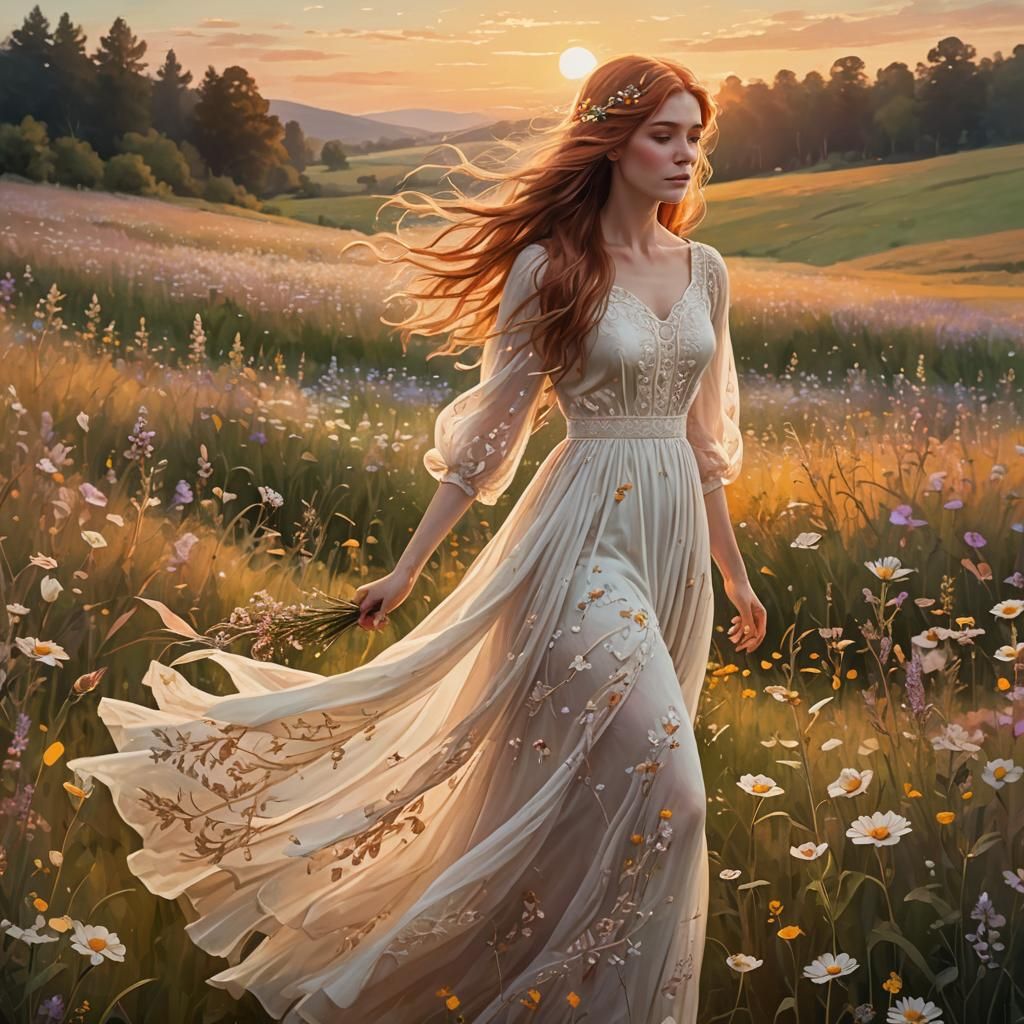 Ethereal Auburn Lady in Wildflower Field, Art Nouveau