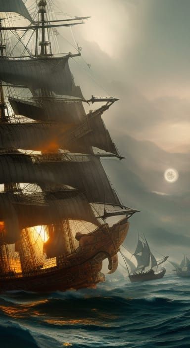 Ghost Pirate Ships Battle: Hyper Realistic Astral Landscape