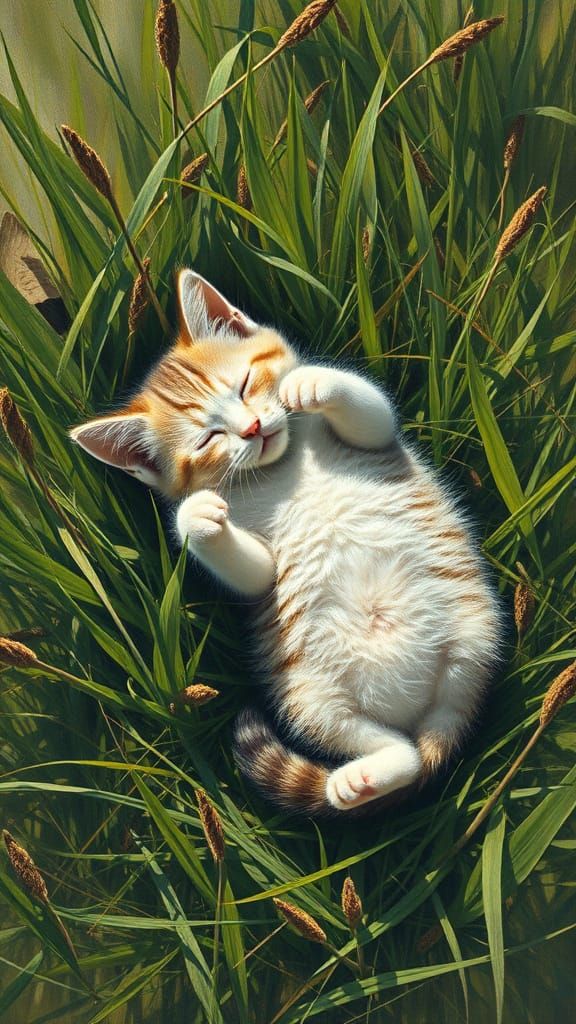 Kitten Nap in Overgrown Grass: A Surrealist Oil Painting
