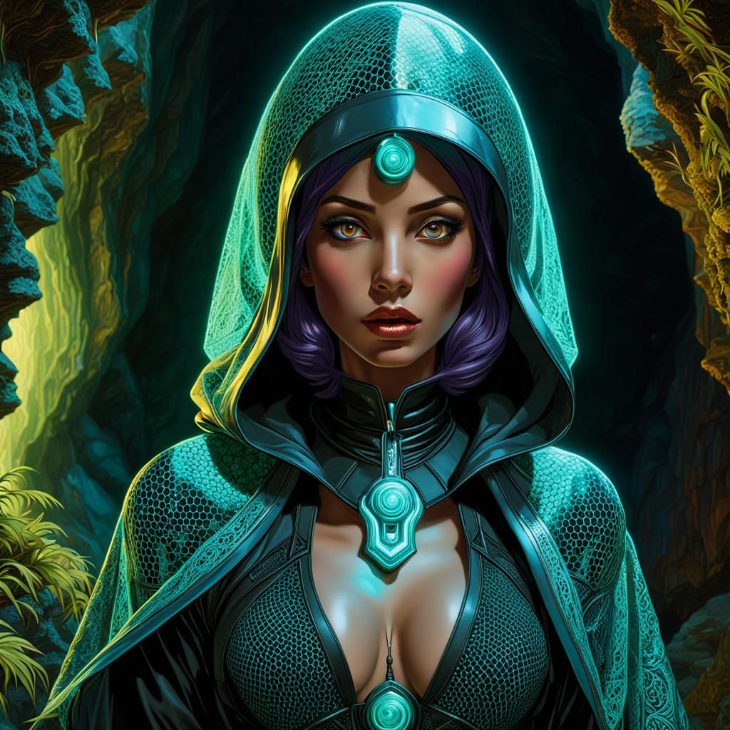 Futuristic Indian Woman in Bioluminescent Cave