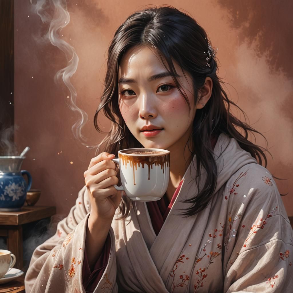 Korean Girl Enjoying Hot Chocolate: Hyperrealistic Splash Ar...