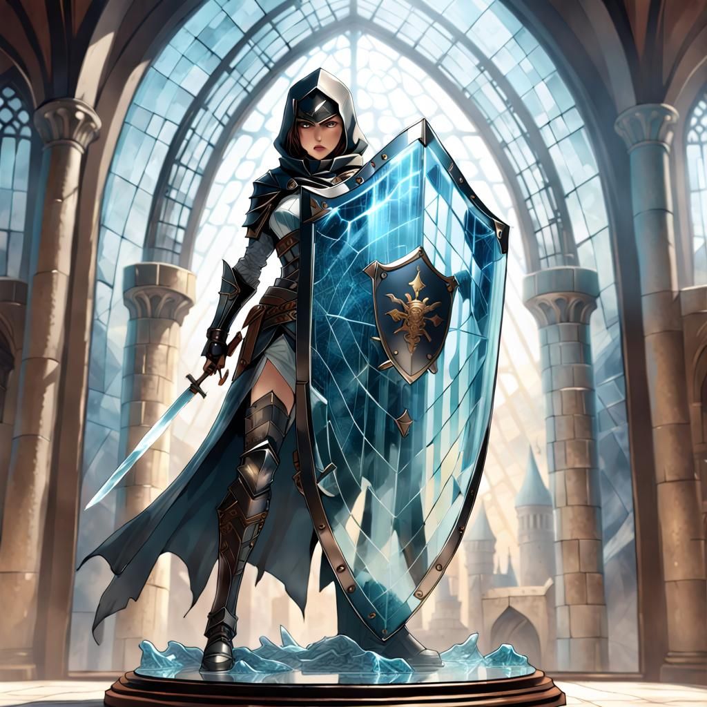 A female assassin with an unbreakable glass tower shield (Blue Pencil XL)