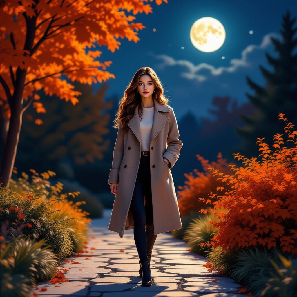 Elegant Woman in Autumn Moonlight Digital Painting