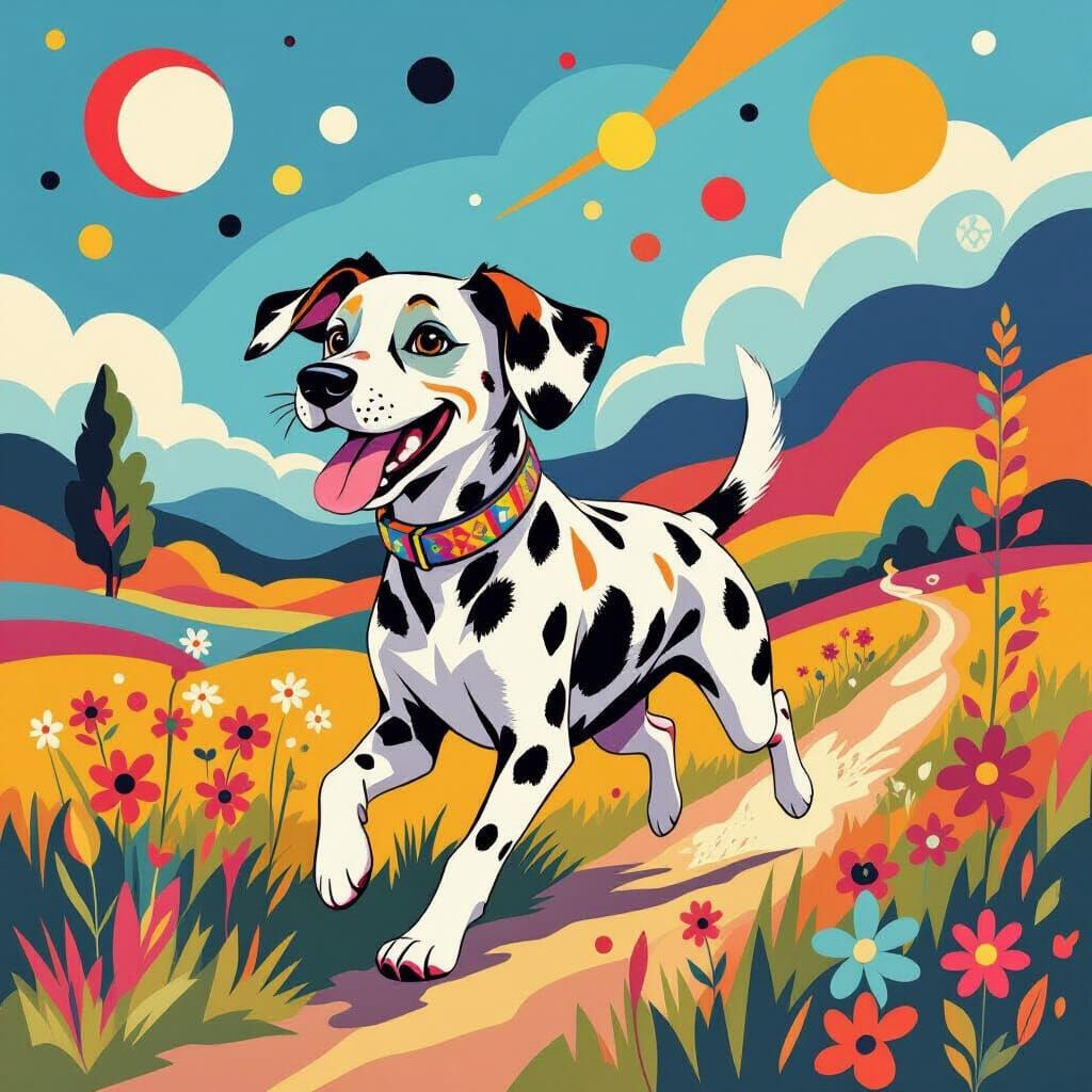 Dalmatian Dog Running in a Cubist Landscape