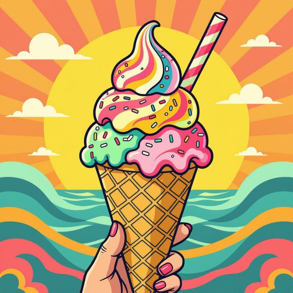 Colorful Ice Cream Cone in Pop Art Style