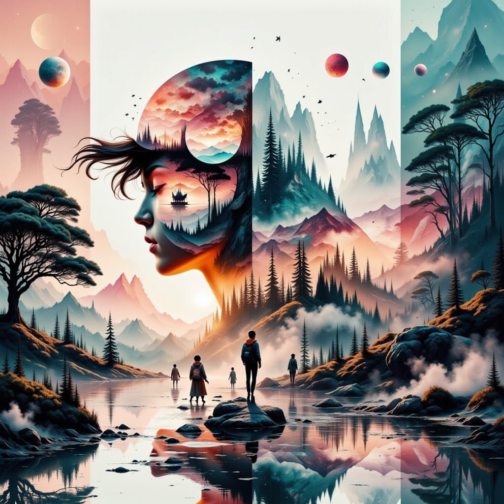 Persistence <lora:Dreamweave Flux:1.0> <lora:Pink Camouflage:1.0> Journey Collage Adventure Dreams Double exposure