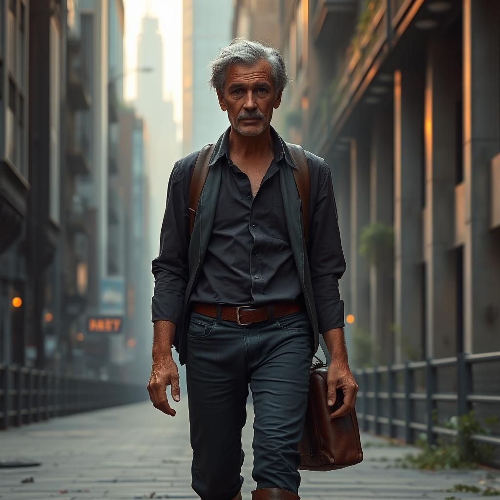 Photorealistic Elderly Man Walking in Metropolis