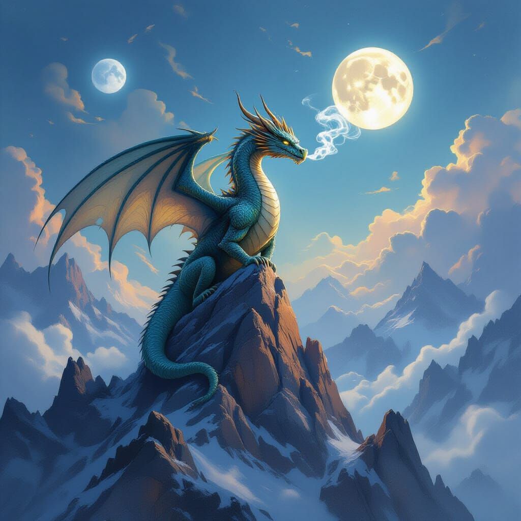Ancient Dragon on Crystalline Peak Under Twin Moons