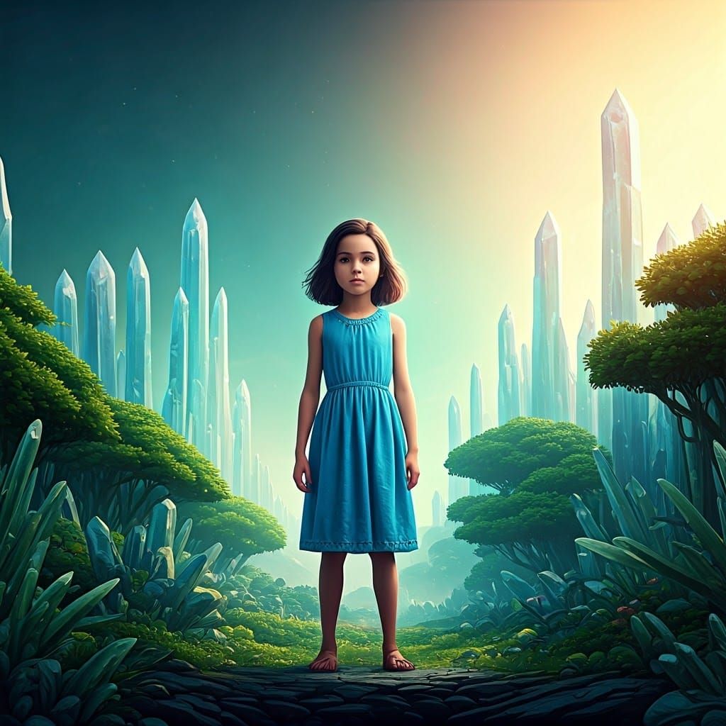 Girl in Blue Dress in Fantasy Landscape