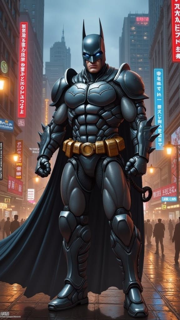 Cyberpunk Batman in Neon-Lit Power Armor
