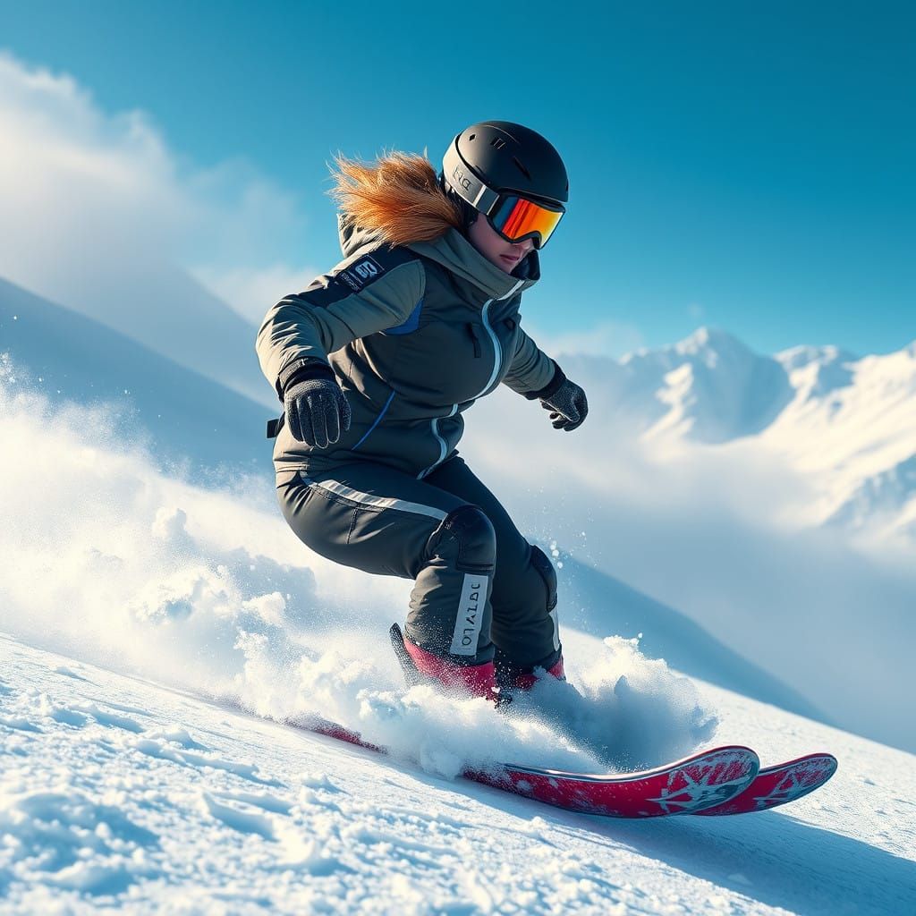 Liška in High-Tech Snowboarding Gear, Carving Through Snowy...