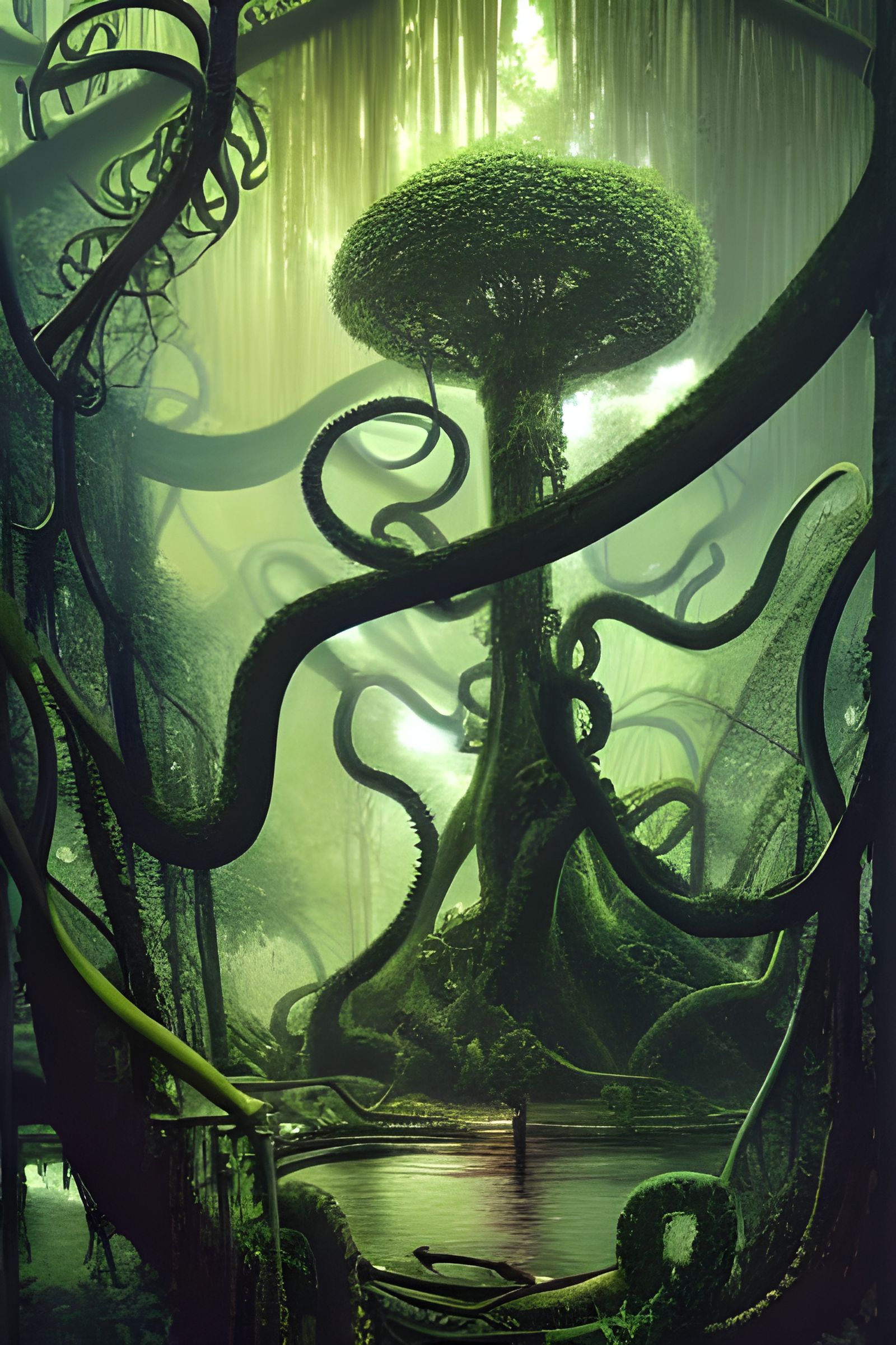 Lush Jungle Tree with Tentacles, Retrofuturistic Illustratio...