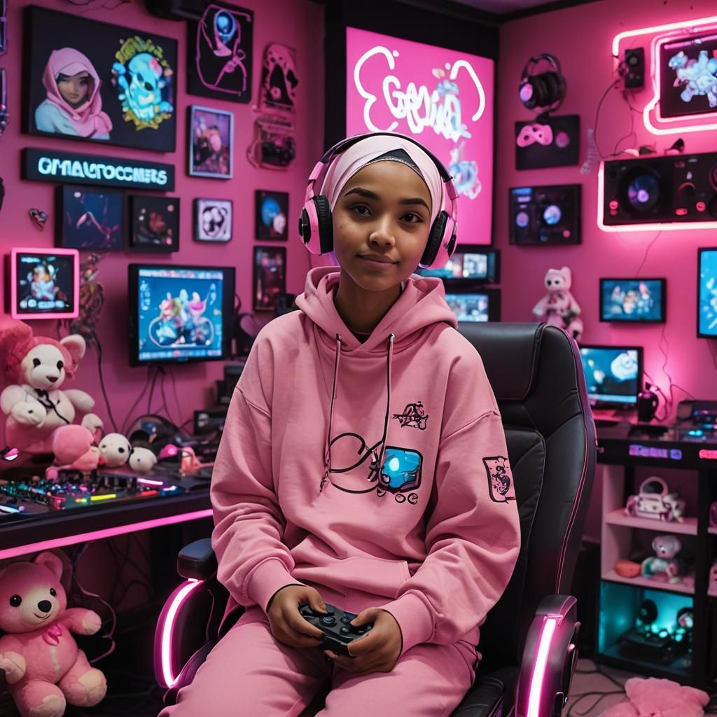 Girl in Hijab Gaming in Colorful Room