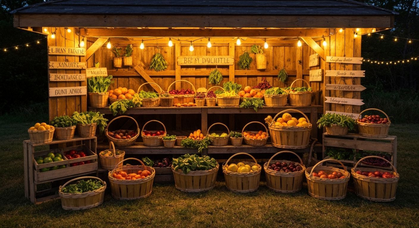 Rustic Farmstand at Dusk, Hyperrealistic Painting
