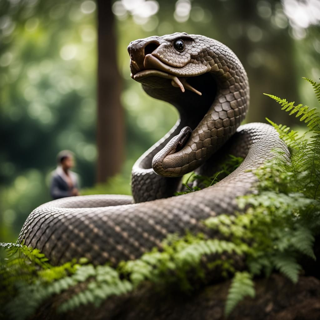 Fern-Covered Stone Snake Statue in Ancient Forest