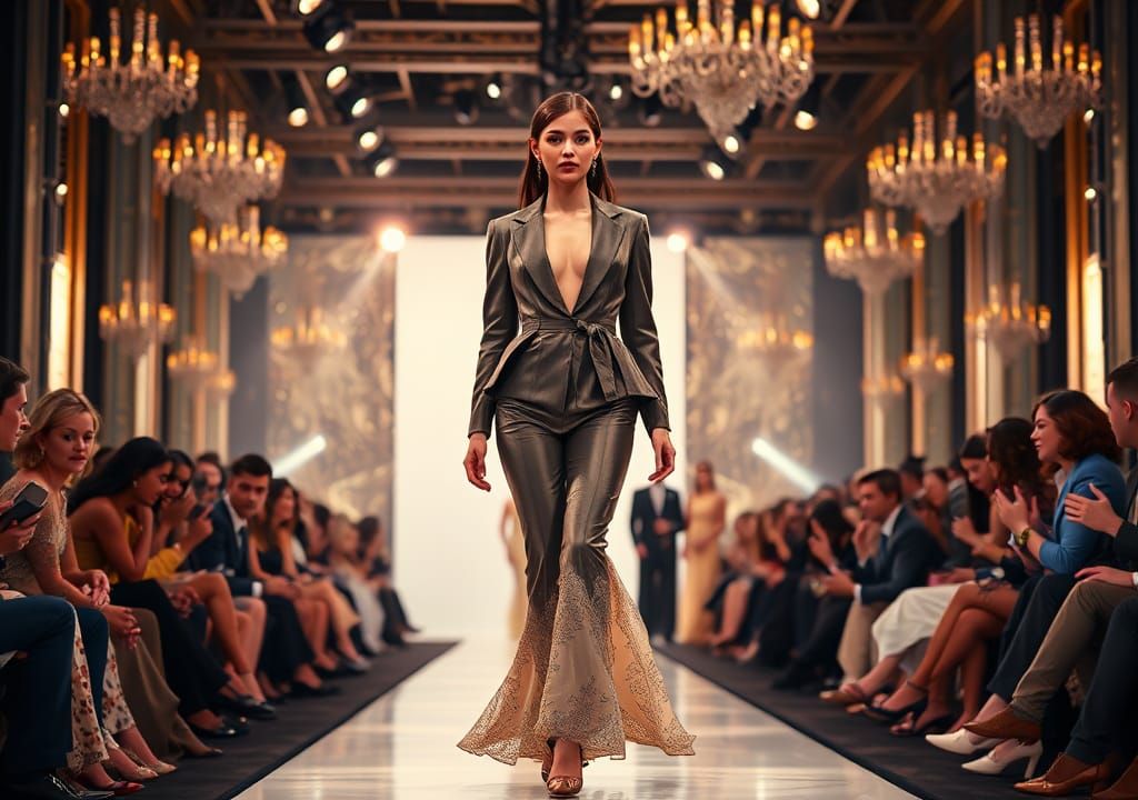 Elegant Woman on Fashion Runway in Haute Couture Style