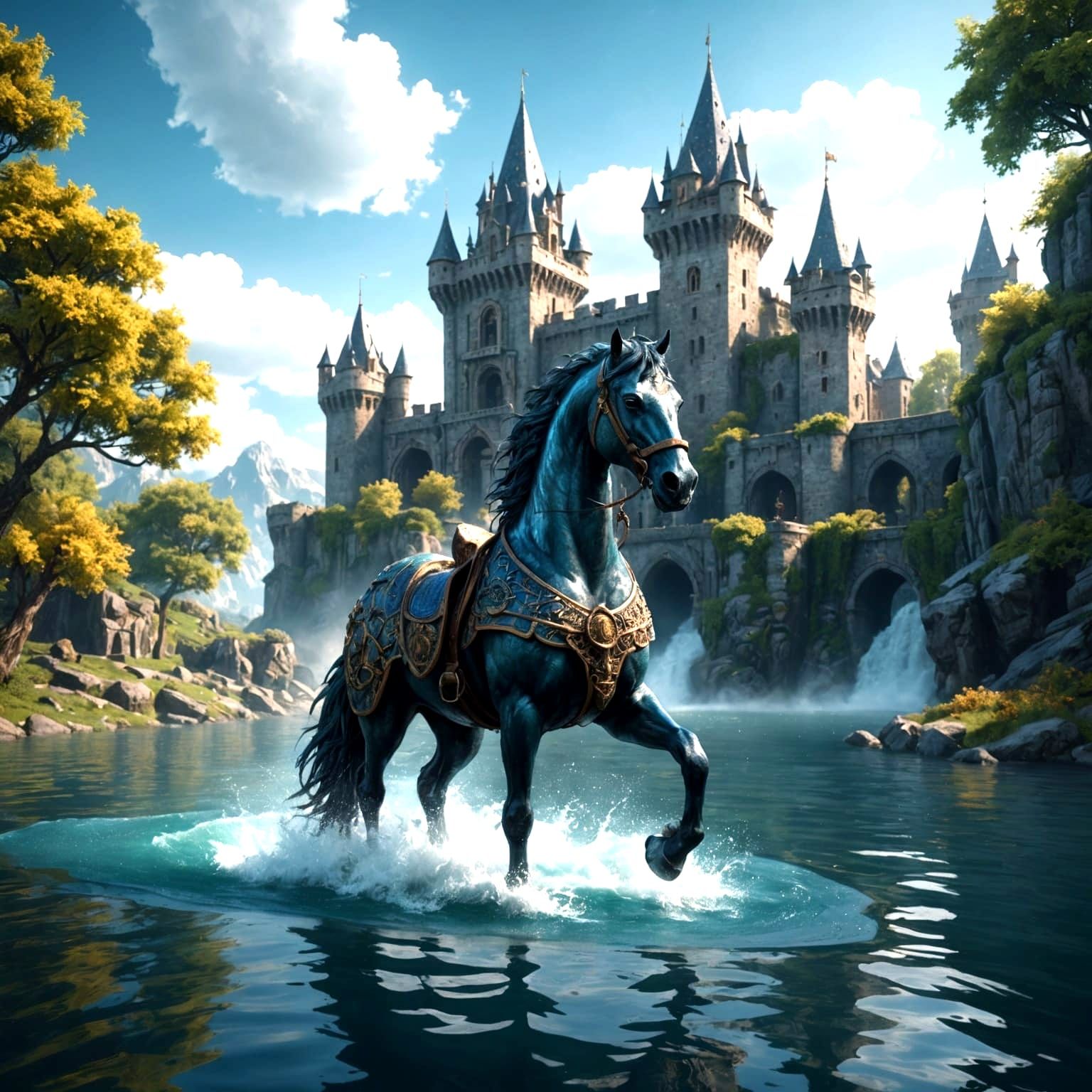 Fantastical Water Horse and Castle: Detailed Matte Painting