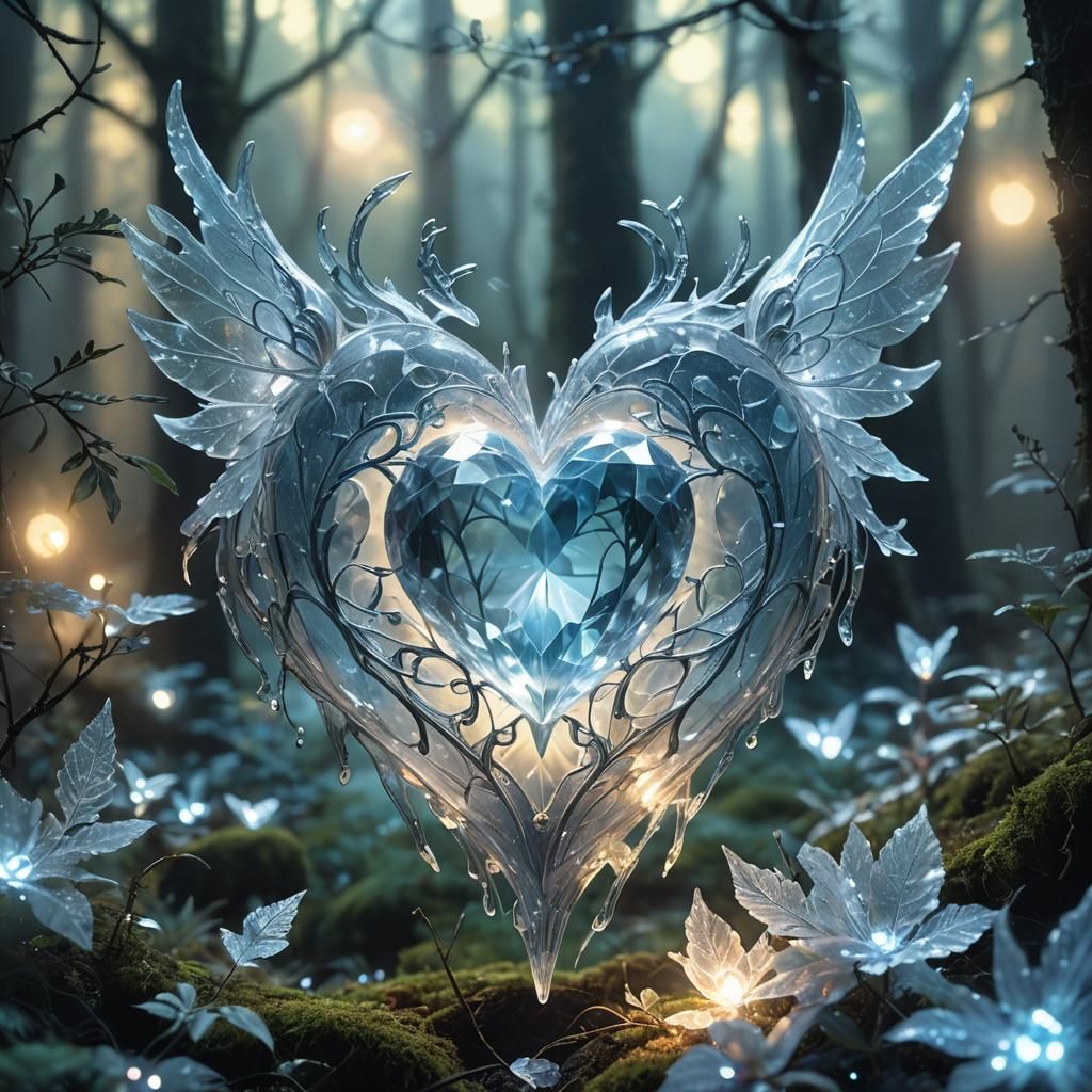 Glowing Crystal Heart in Misty Forest