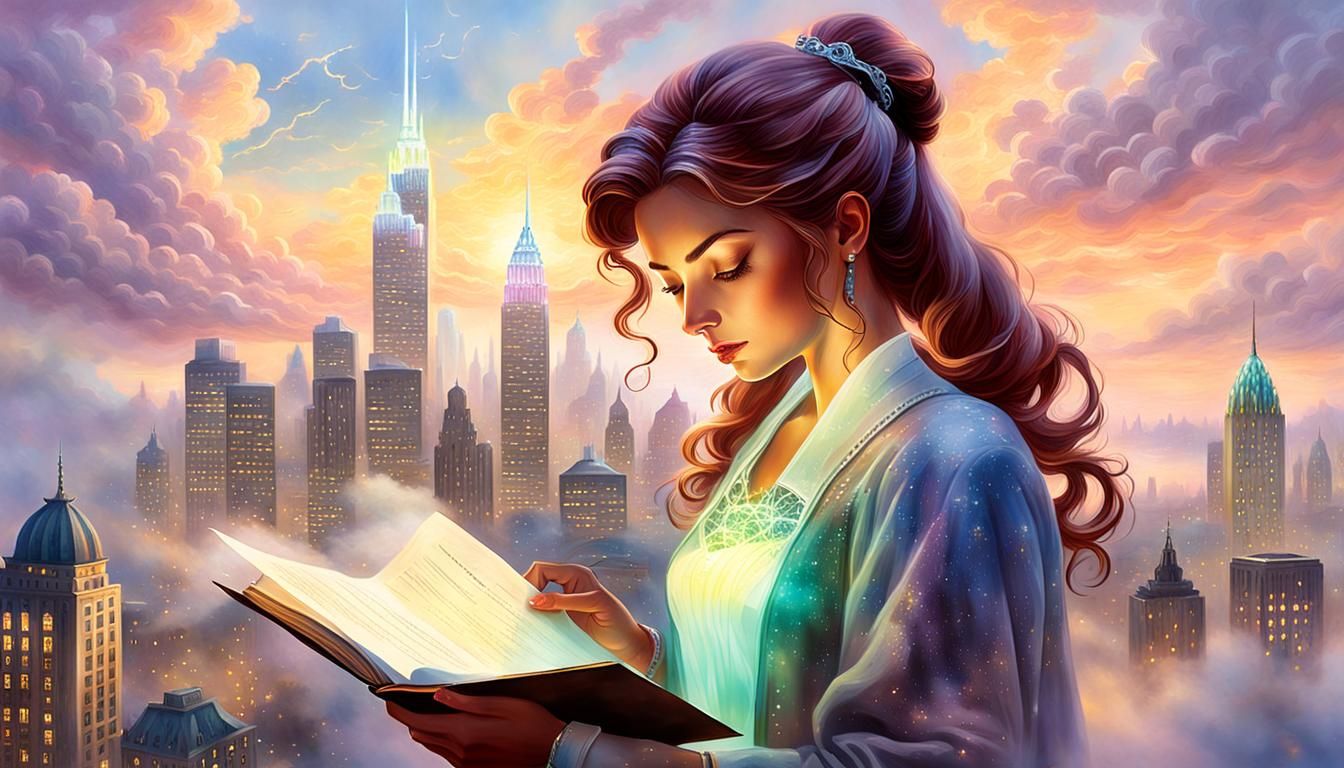 Ethereal Cityscape Portrait in Thomas Kinkade Style