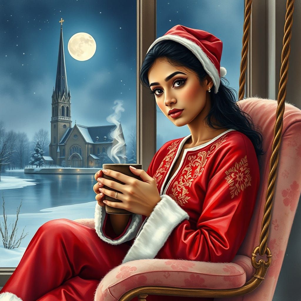 Serene Tamil Woman in Crimson Santa Attire Under the Starry....