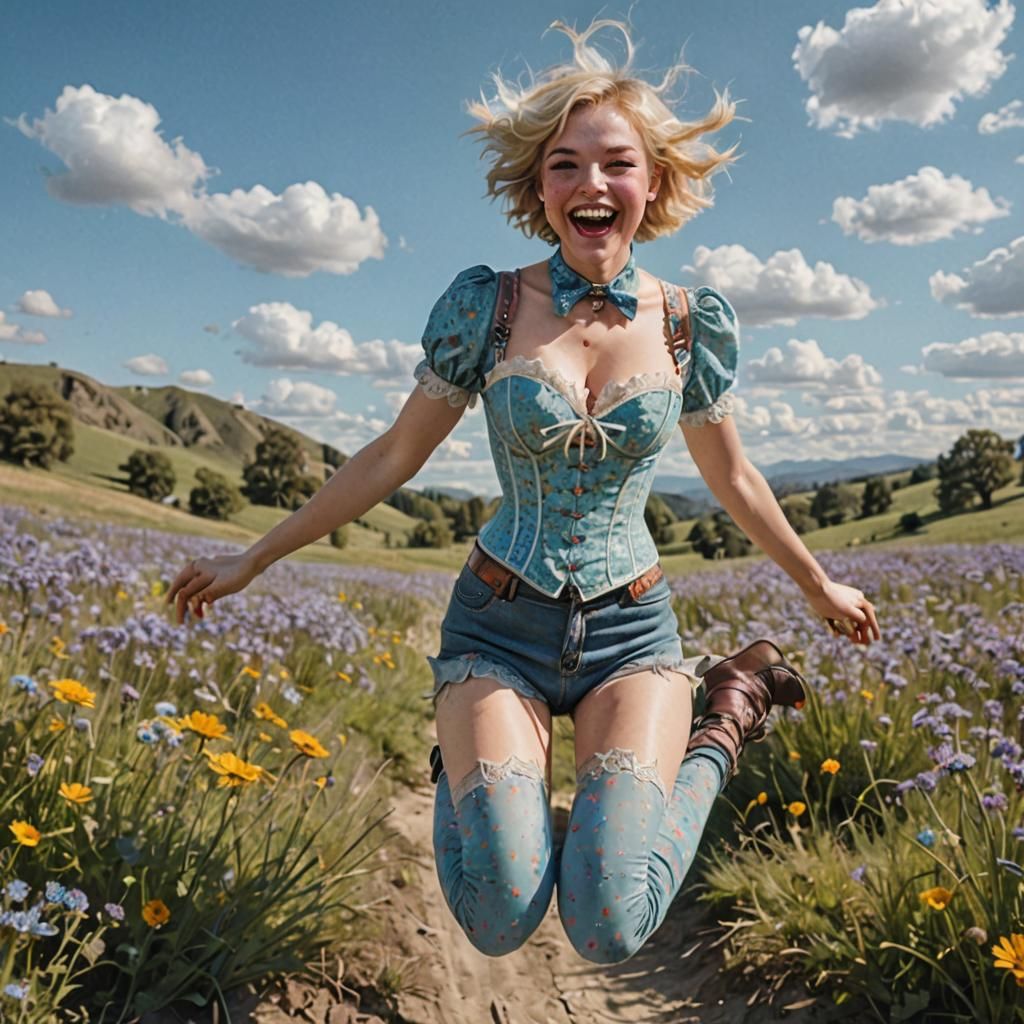 Psychedelic Meadow Portrait of Woman Jumping