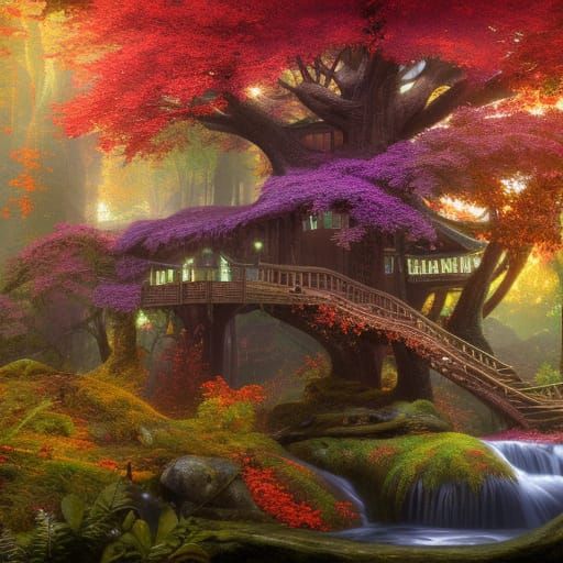 Cozy Treehouse in Autumn Forest with Waterfall
