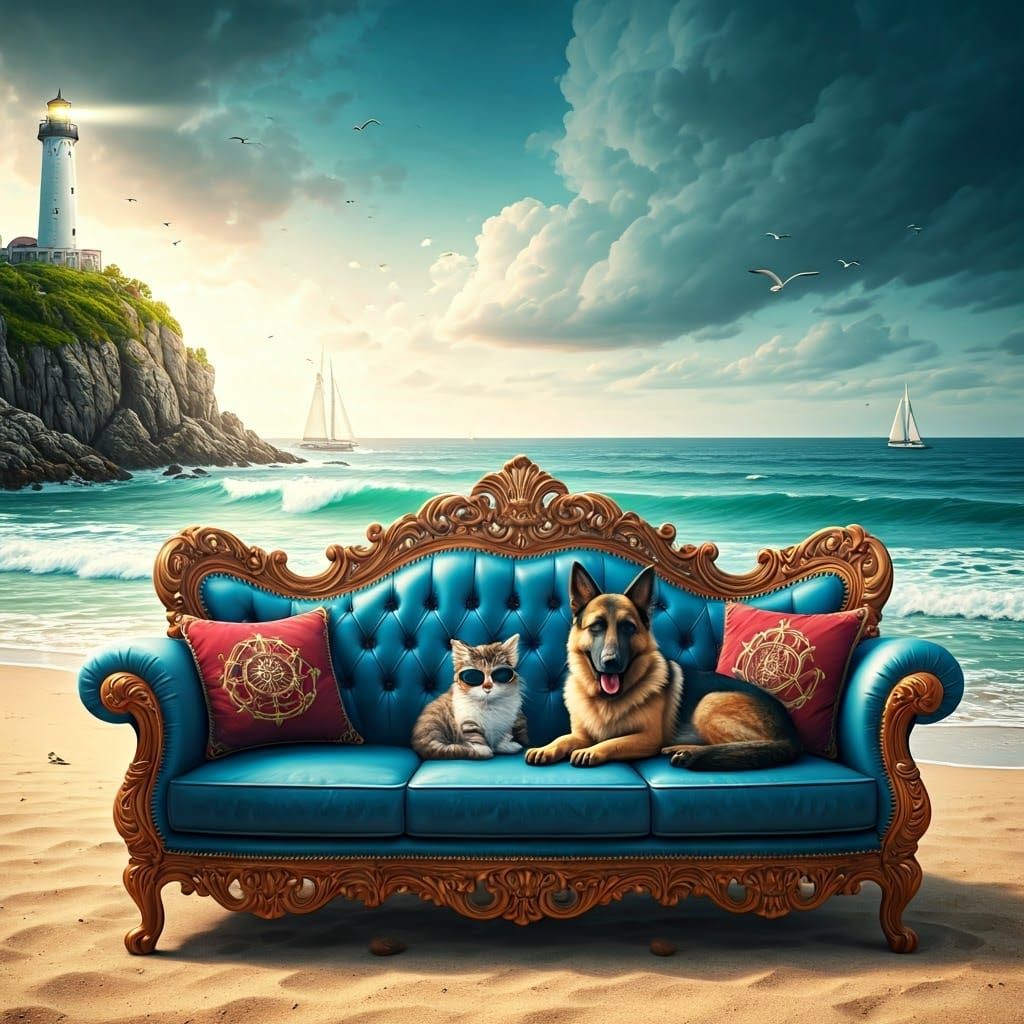Majestic Sofa on Beach with Kitten and Dog