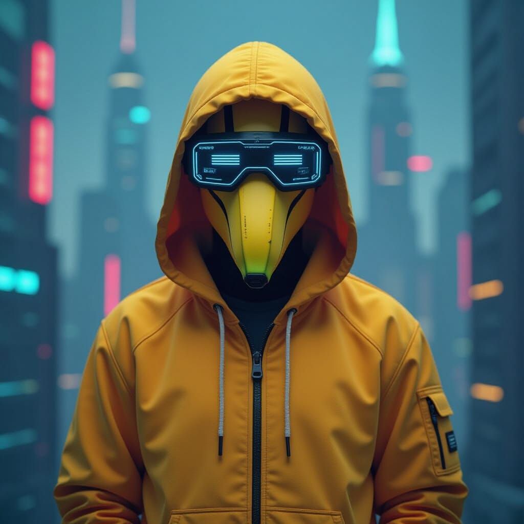Cyberpunk Banana Humanoid Posing in Future City