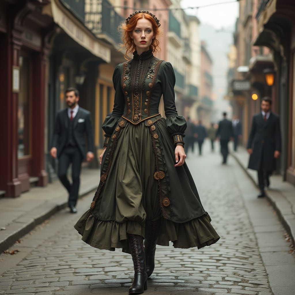 Gamine Victorian Steampunk Lady Strolls Down a Bustling Road