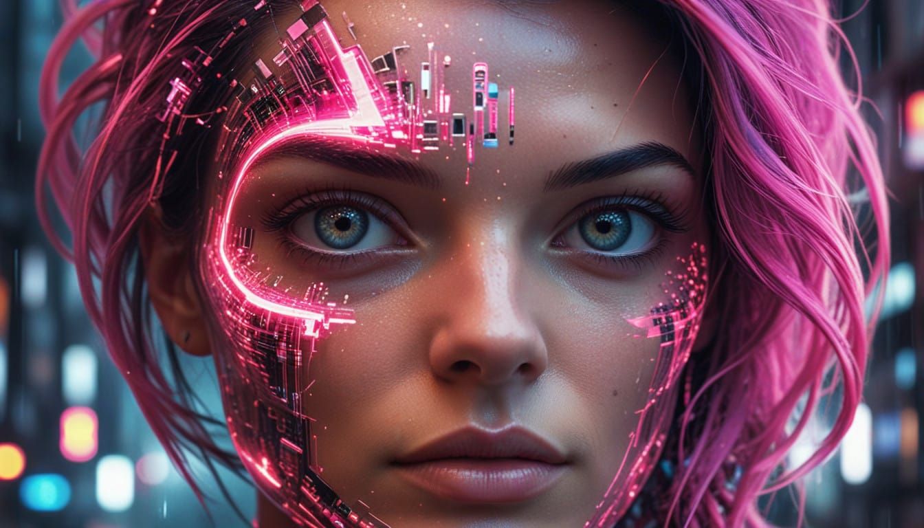 Cyberpunk Goddess with Pink Cityscape in Her Eyes