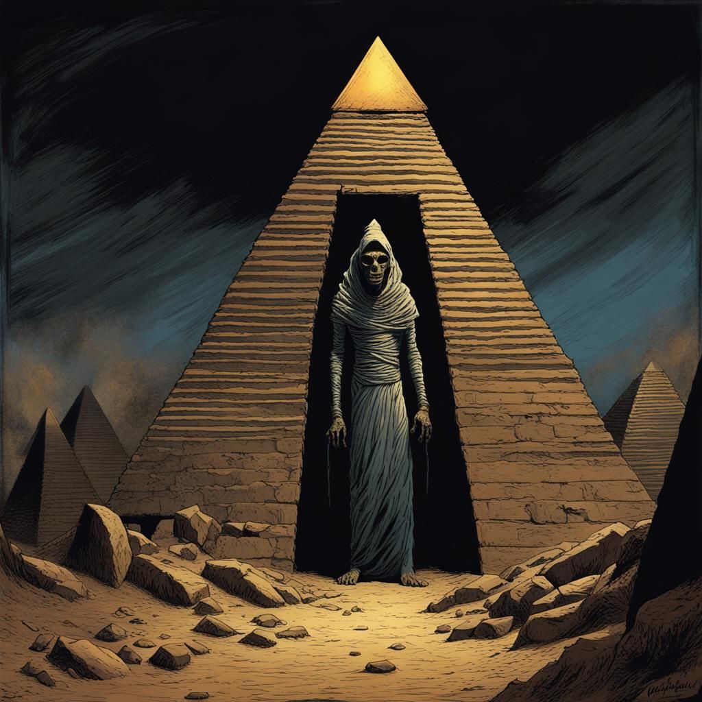 Eerie Mummy Hiding in Dark Pyramid: Horror Illustration