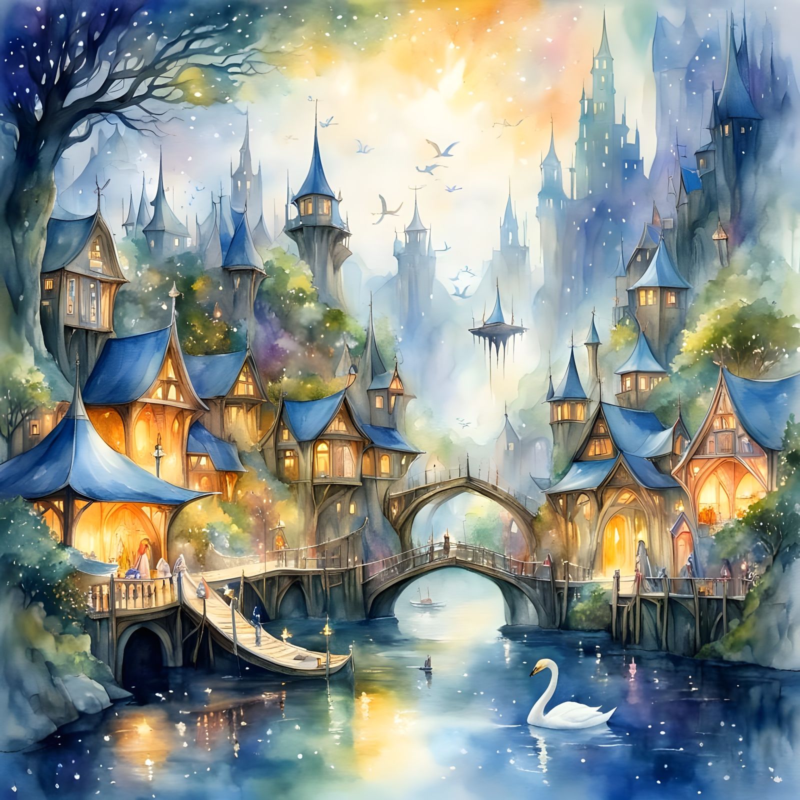 Magical Elvish Harbour Village in Watercolour Style