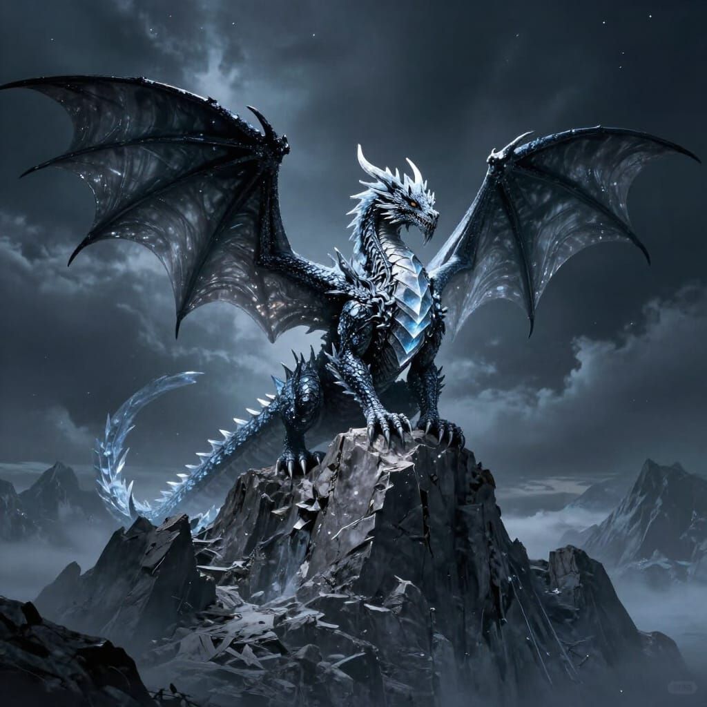 Obsidian Dragon on Mountain Peak in Stormy Sky