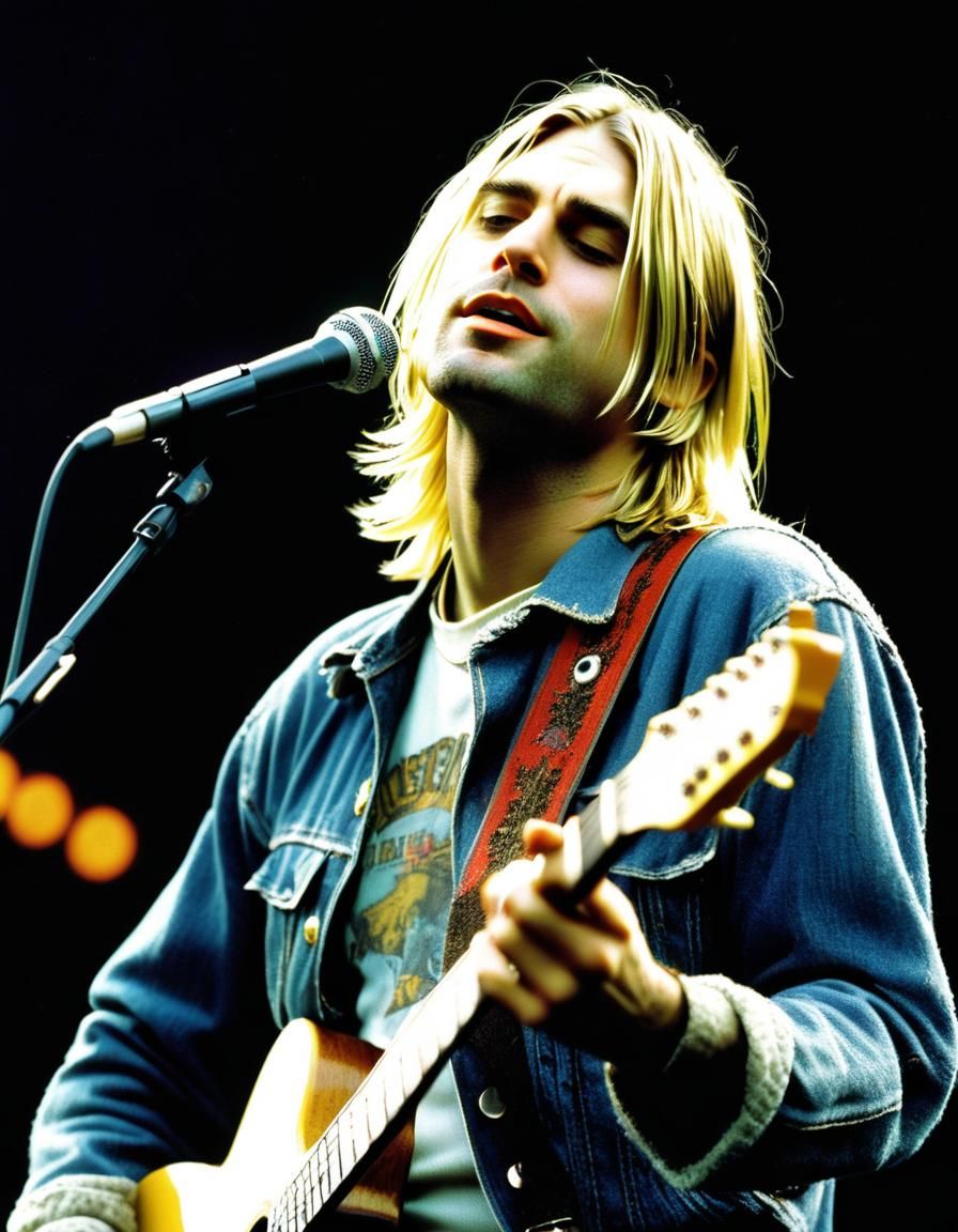 Perfect picture of Kurt Cobain, 20 years old,  ultrarealistic face superdetailled, grunge outfit , singing rock in Stadi...