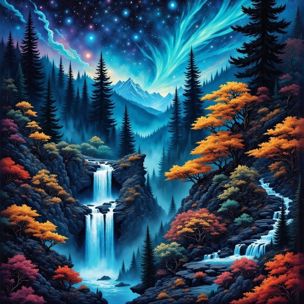 Vibrant Celestial Fall Forest in Holographic 8K