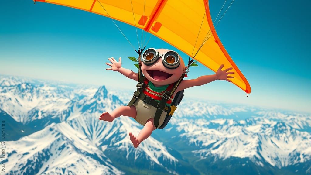 Axolotl Soaring Over Alps in Whimsical Flight