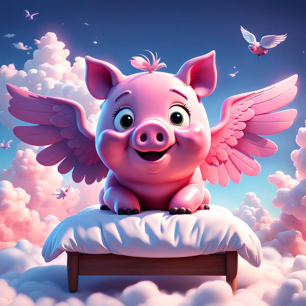 Flying Pink Piglet on Clouds: 3D Digital Art