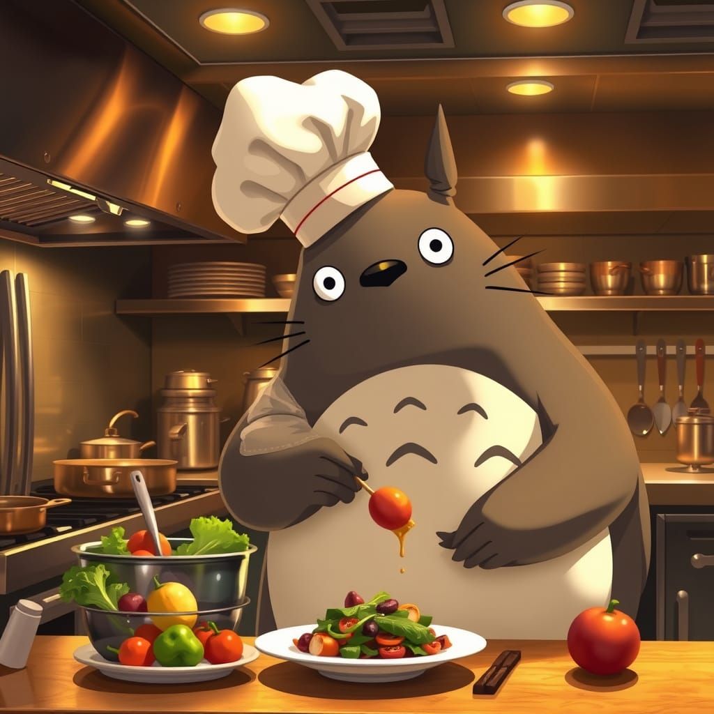 Totoro as Gourmet Chef in Ghibli-Kinkade Style