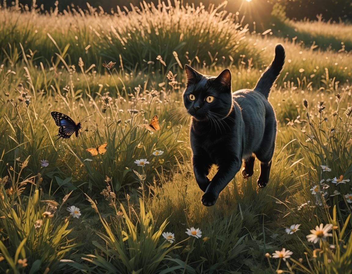 Psychedelic Cat Chasing Butterfly in Golden Meadow